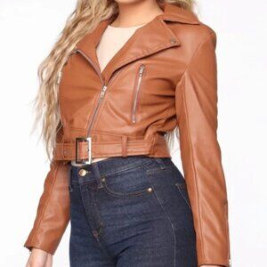 Women's Ambiance Faux Leather Moto Jacket | Outerwear | Cognac/Chestnut Size S